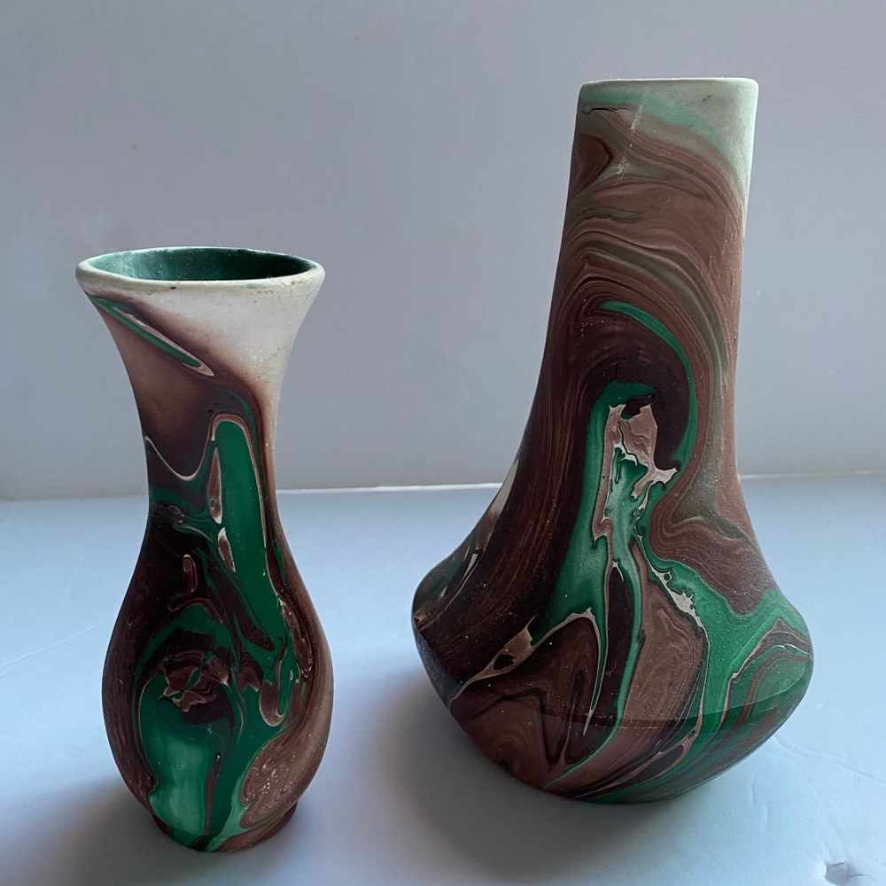 Set of two Swirl Green & Brown VASES Garden of the Gods pottery